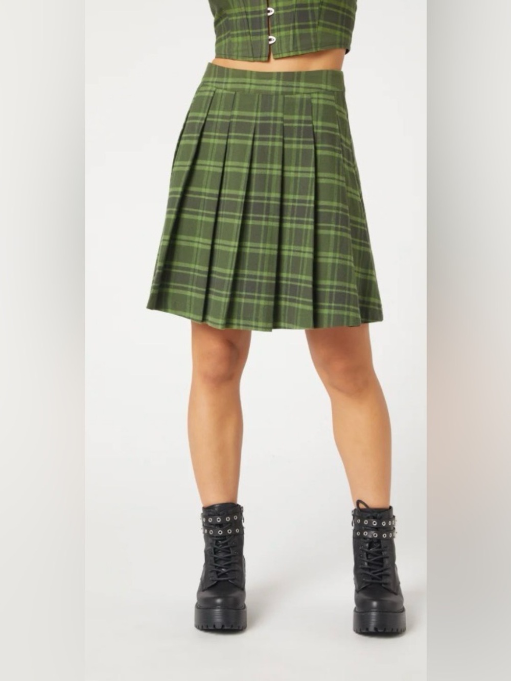 Short Green Plaid Pleated Skirt, Dangerfield ModCloth, Size US 10